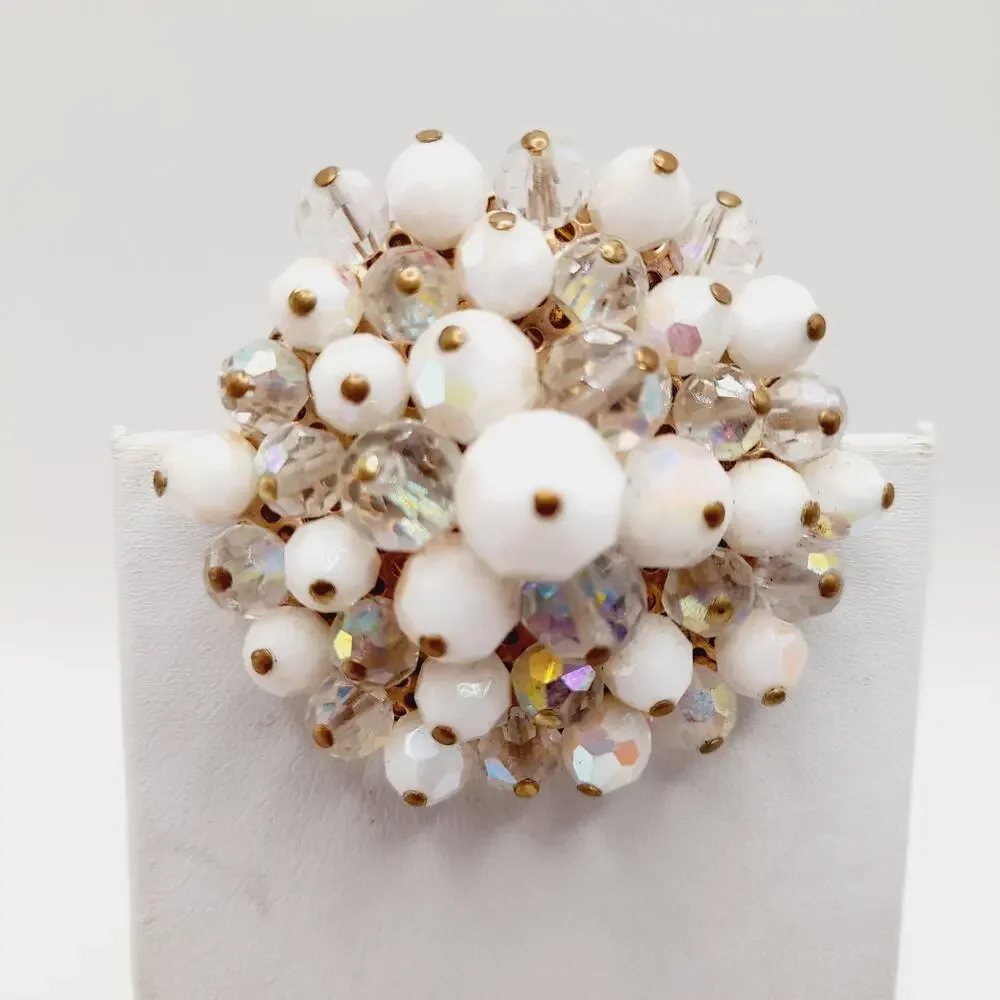 Vintage Beaded Brooch Clear & White AB Crystals Gold Tone Round 2 Inch